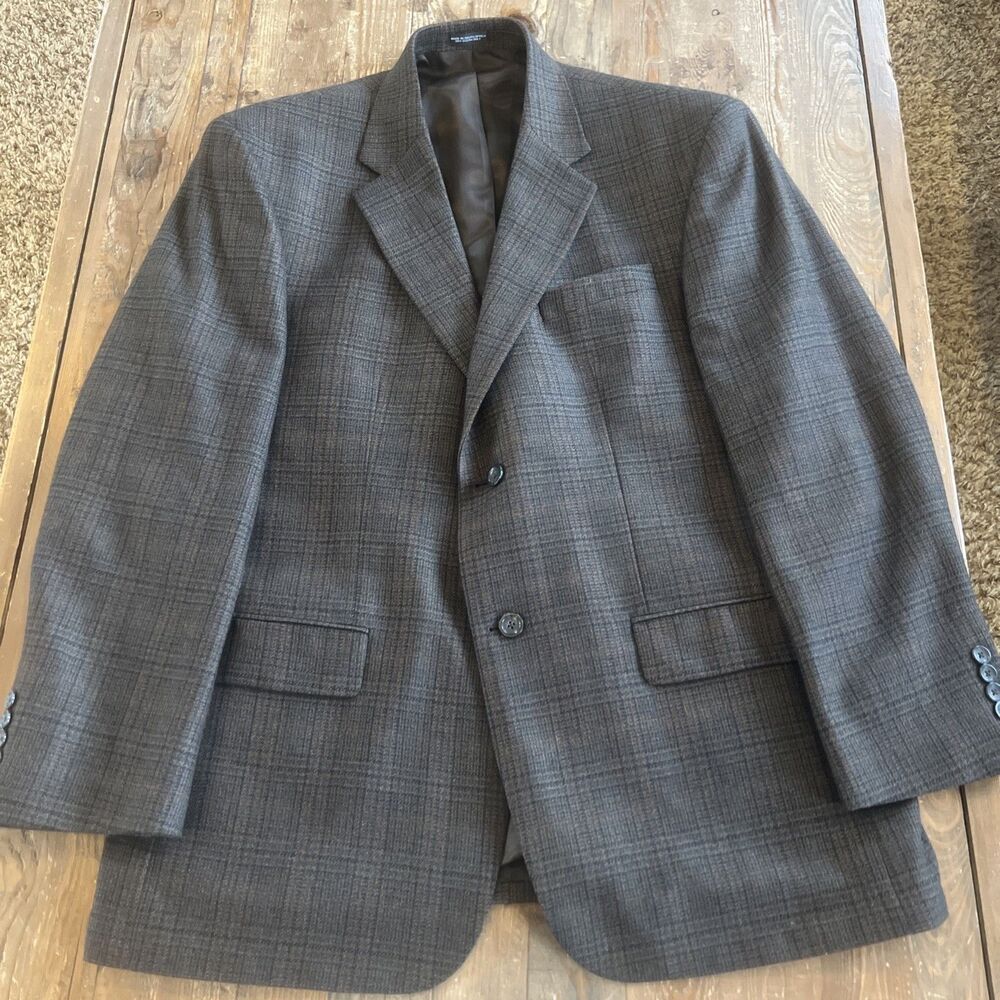 Oscar De La Renta Mens Size 43R Lambs Wool Plaid Brown Blue Blazer Coat Jacket